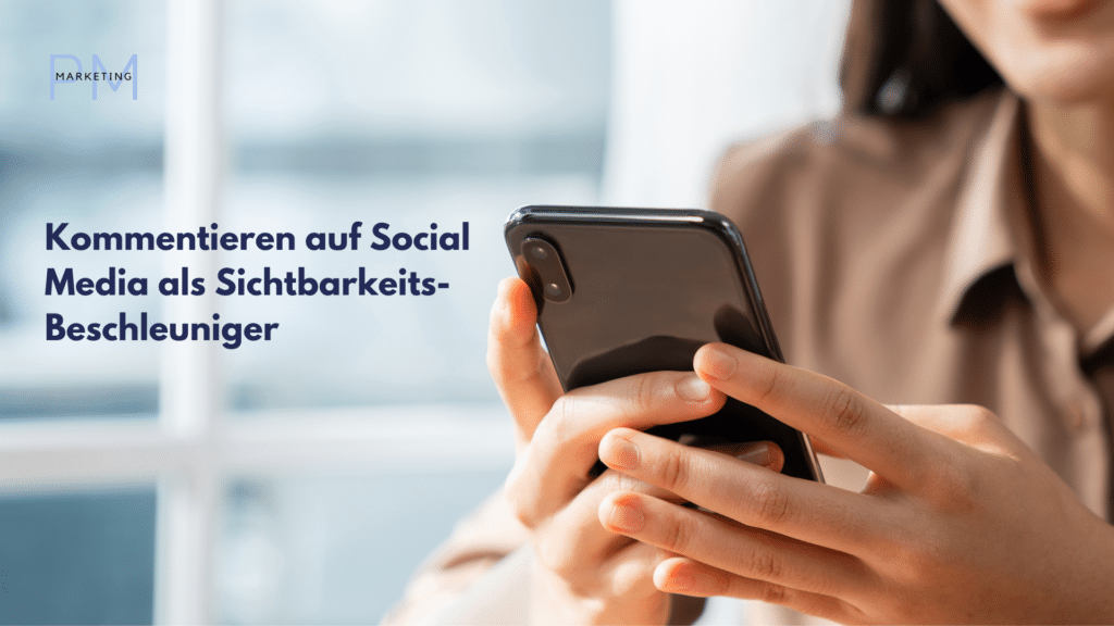 Frau tippt auf smartphone Überschrift des Bildes "Kommentieren auf Social Media als Sichtbarkeitsbeschleuniger"